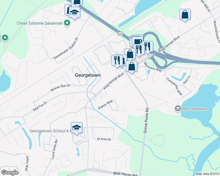 map of restaurants, bars, coffee shops, grocery stores, and more near 1211 King George Boulevard in Savannah