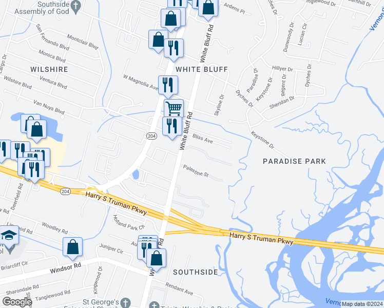 map of restaurants, bars, coffee shops, grocery stores, and more near 11310 White Bluff Road in Savannah