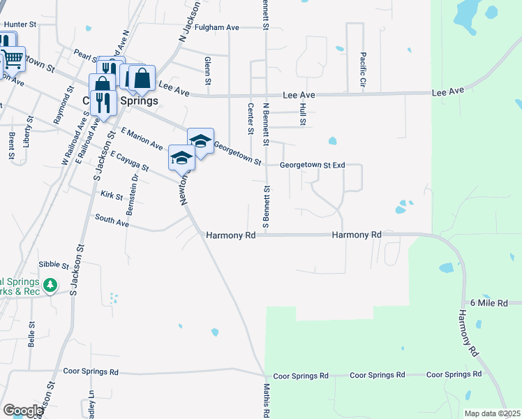 map of restaurants, bars, coffee shops, grocery stores, and more near 117 South Bennett Street in Crystal Springs