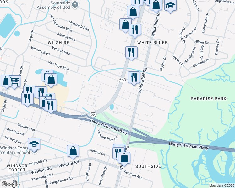 map of restaurants, bars, coffee shops, grocery stores, and more near 10604 Abercorn Street in Savannah