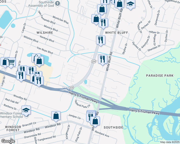 map of restaurants, bars, coffee shops, grocery stores, and more near 10604 Abercorn Extension in Savannah