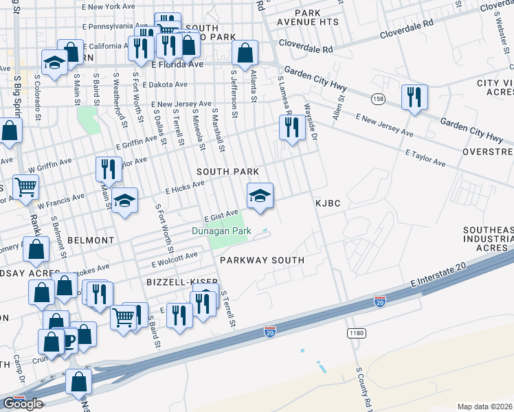 map of restaurants, bars, coffee shops, grocery stores, and more near 900 East Gist Avenue in Midland