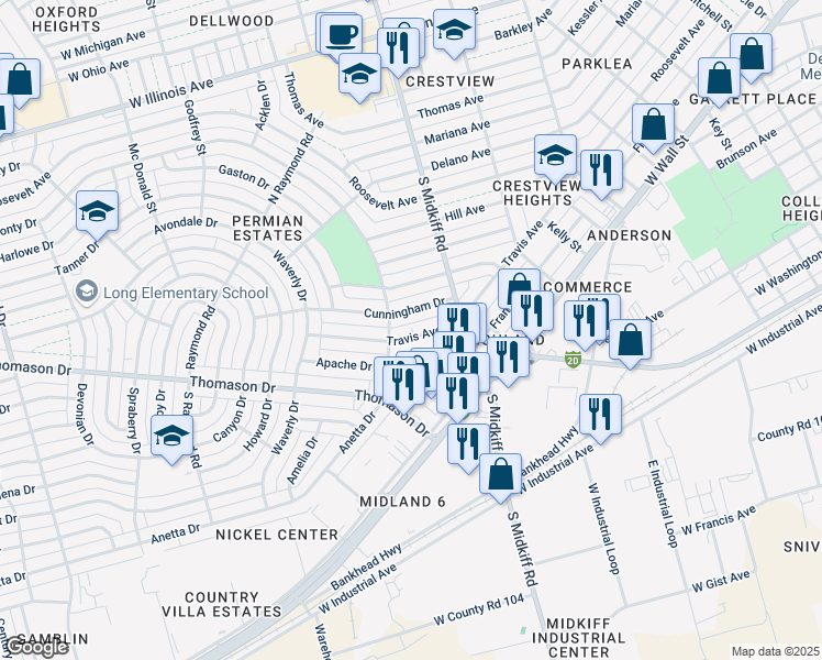 map of restaurants, bars, coffee shops, grocery stores, and more near 3413 Travis Avenue in Midland