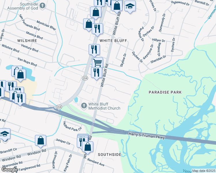 map of restaurants, bars, coffee shops, grocery stores, and more near 11310 White Bluff Road in Savannah