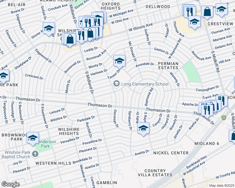 map of restaurants, bars, coffee shops, grocery stores, and more near 509 Devonian Drive in Midland