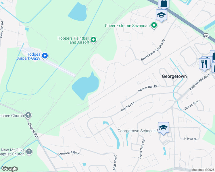 map of restaurants, bars, coffee shops, grocery stores, and more near 54 Beaver Run Drive in Savannah