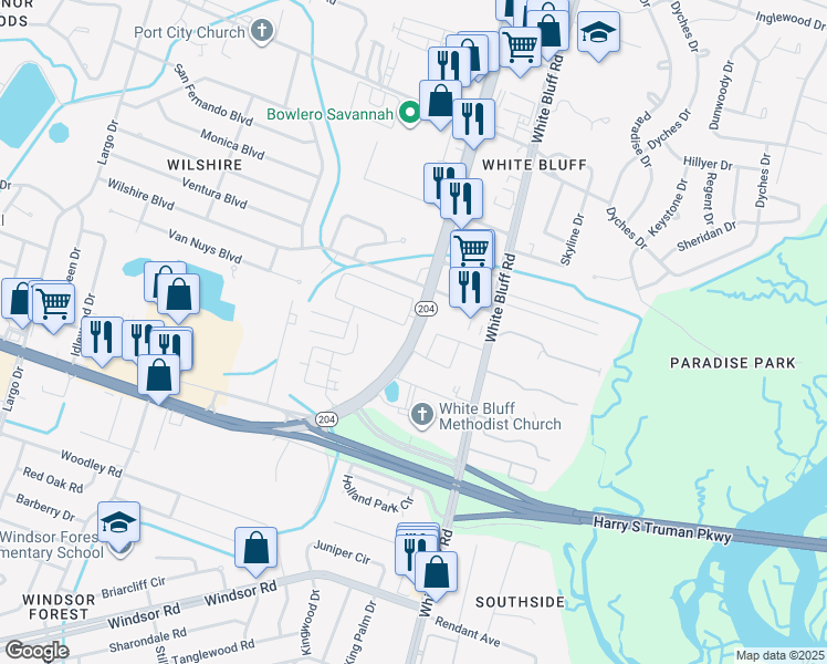 map of restaurants, bars, coffee shops, grocery stores, and more near in Savannah
