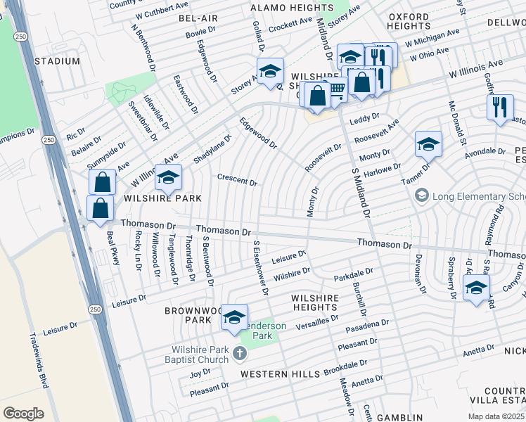 map of restaurants, bars, coffee shops, grocery stores, and more near 4526 Leddy Drive in Midland