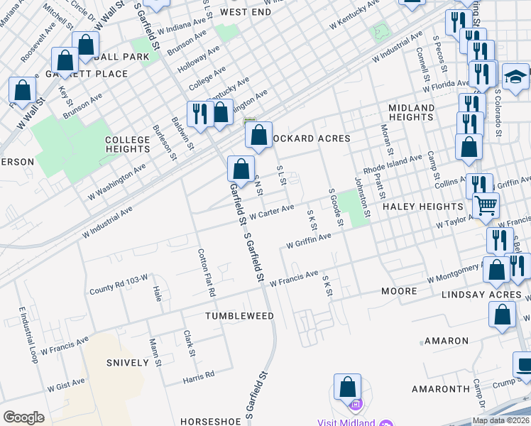 map of restaurants, bars, coffee shops, grocery stores, and more near 1400 South N Street in Midland