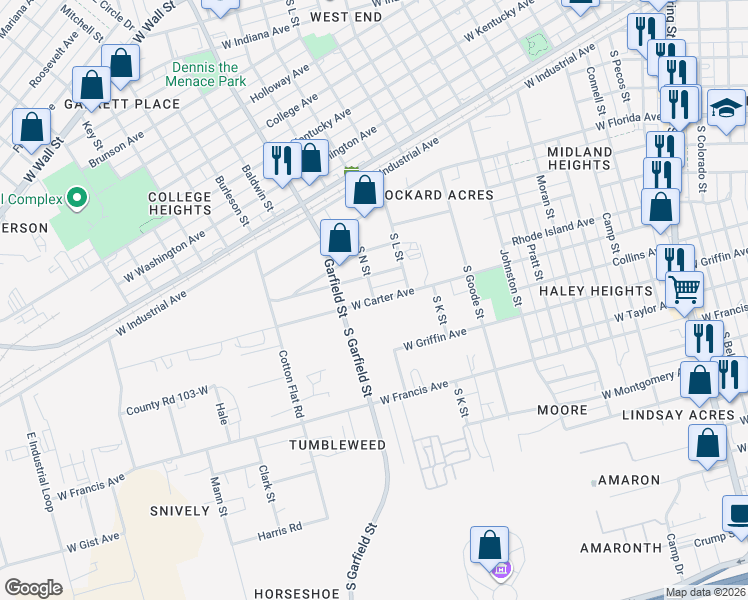 map of restaurants, bars, coffee shops, grocery stores, and more near 1400 South N Street in Midland