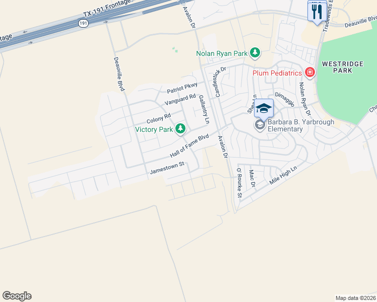 map of restaurants, bars, coffee shops, grocery stores, and more near 6600 Hall of Fame Boulevard in Midland