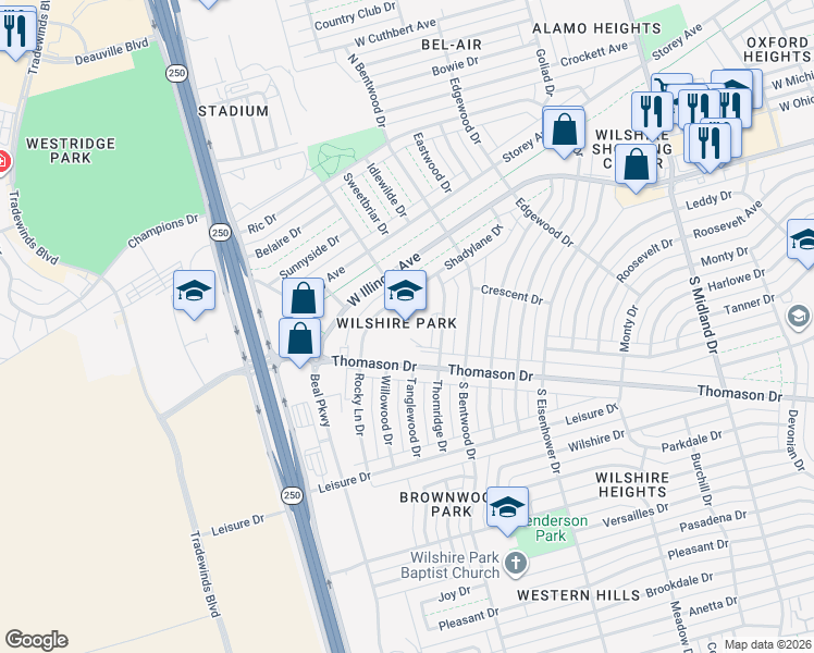 map of restaurants, bars, coffee shops, grocery stores, and more near 4919 Shadylane Drive in Midland