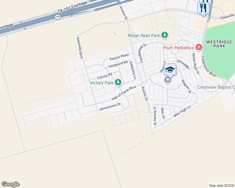 map of restaurants, bars, coffee shops, grocery stores, and more near 6600 Hall of Fame Boulevard in Midland