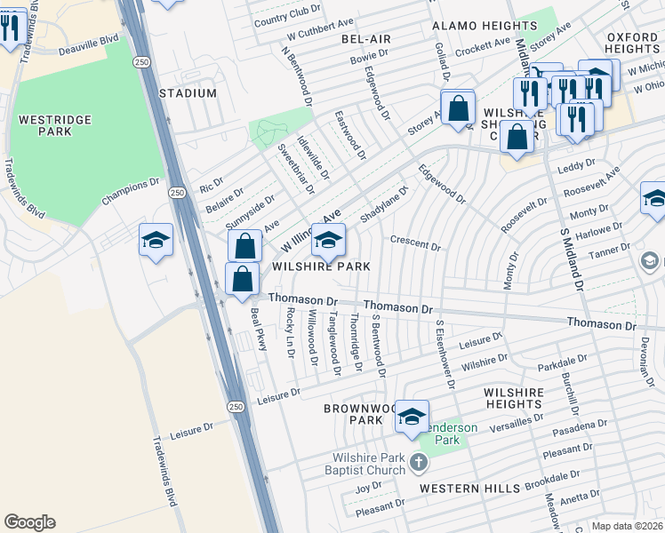 map of restaurants, bars, coffee shops, grocery stores, and more near 4919 Shadylane Drive in Midland