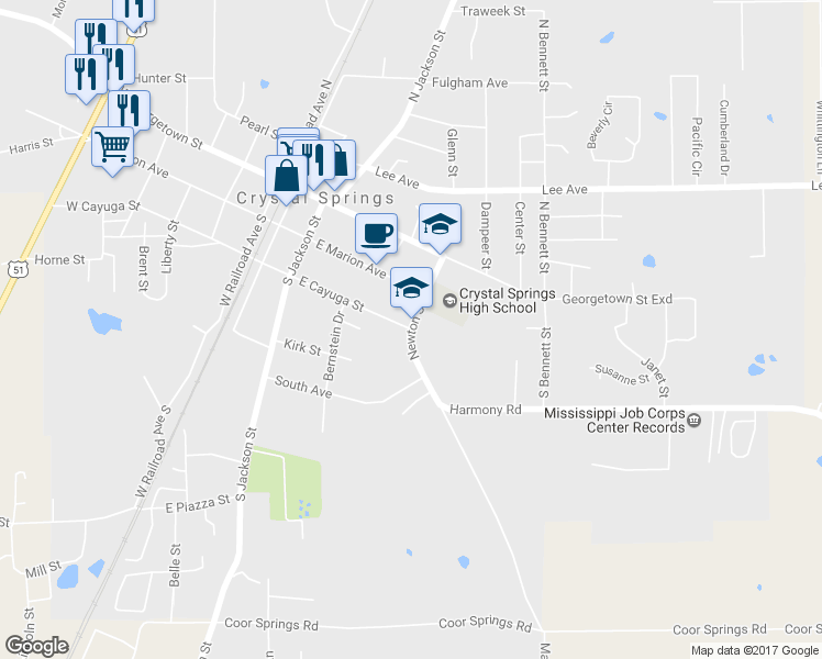 map of restaurants, bars, coffee shops, grocery stores, and more near 213 Newton Street in Crystal Springs