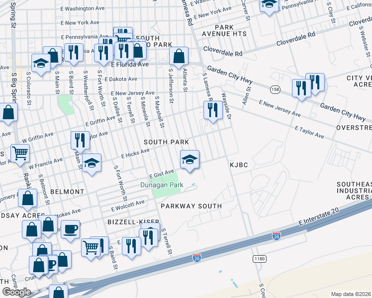 map of restaurants, bars, coffee shops, grocery stores, and more near 1709 South Jefferson Street in Midland