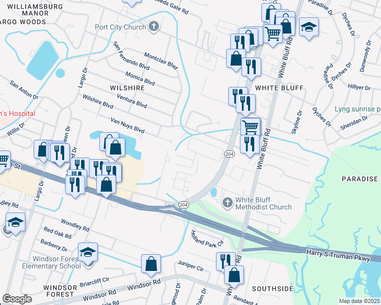 map of restaurants, bars, coffee shops, grocery stores, and more near 10611 Abercorn Street in Savannah