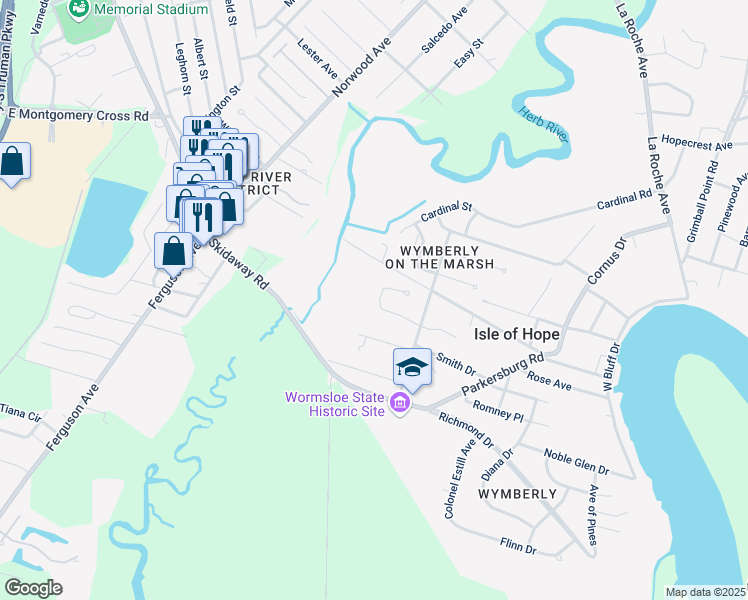 map of restaurants, bars, coffee shops, grocery stores, and more near 15 Wymberly Way in Savannah