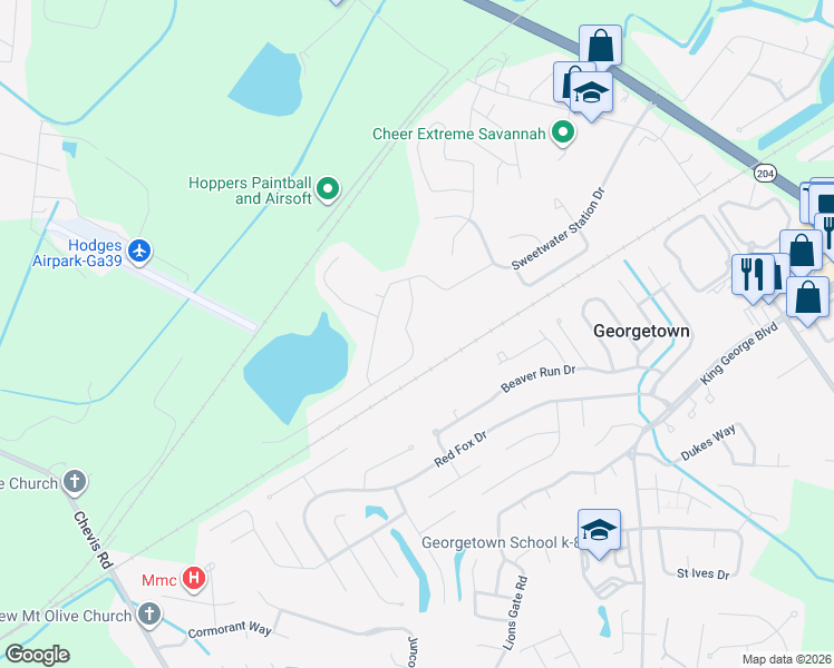 map of restaurants, bars, coffee shops, grocery stores, and more near 110 Sesslie Oak Drive in Savannah