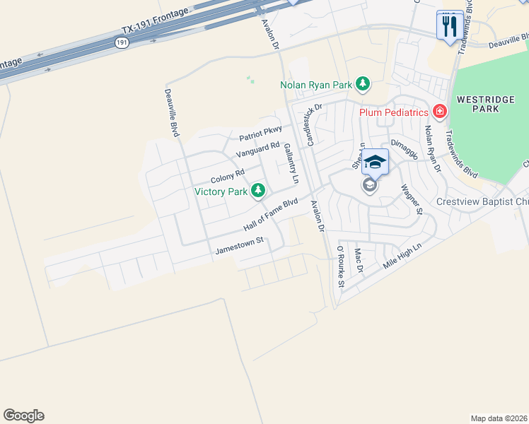 map of restaurants, bars, coffee shops, grocery stores, and more near 6600 Hall of Fame Boulevard in Midland