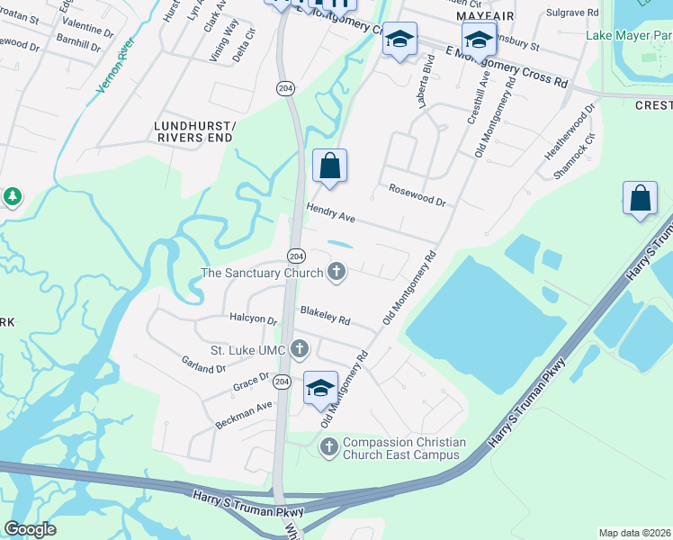 map of restaurants, bars, coffee shops, grocery stores, and more near 8912 Whitefield Avenue in Savannah