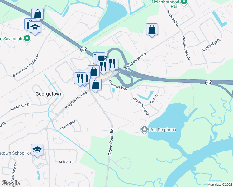 map of restaurants, bars, coffee shops, grocery stores, and more near 7 Cove Court in Savannah