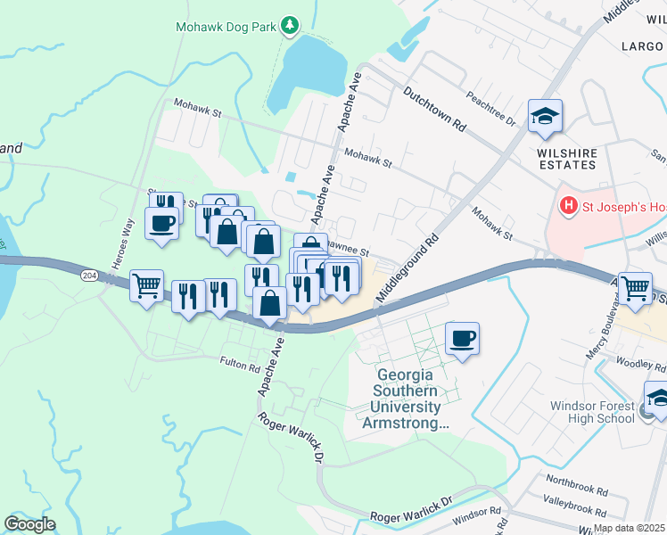map of restaurants, bars, coffee shops, grocery stores, and more near 1029 Shawnee Street in Savannah