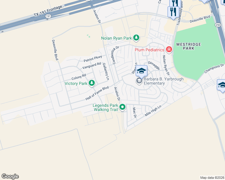 map of restaurants, bars, coffee shops, grocery stores, and more near Avalon Drive in Midland