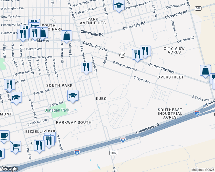 map of restaurants, bars, coffee shops, grocery stores, and more near 1301 Latta Street in Midland
