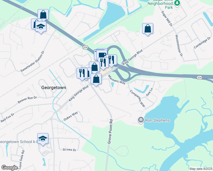map of restaurants, bars, coffee shops, grocery stores, and more near 1015 King George Boulevard in Savannah