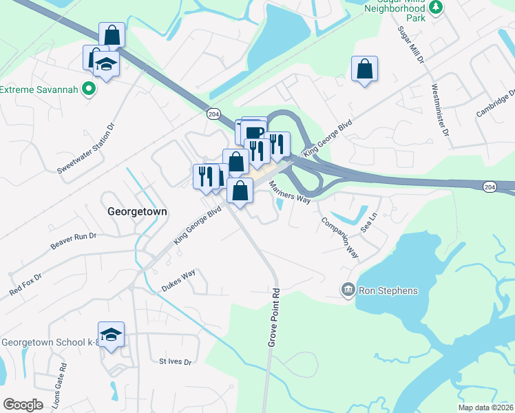 map of restaurants, bars, coffee shops, grocery stores, and more near 1015 King George Boulevard in Savannah