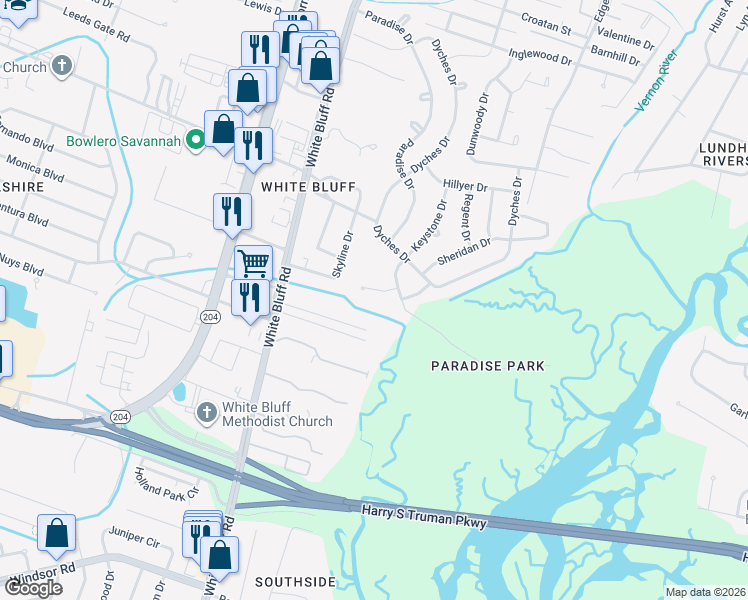 map of restaurants, bars, coffee shops, grocery stores, and more near 21 Wabash Court in Savannah