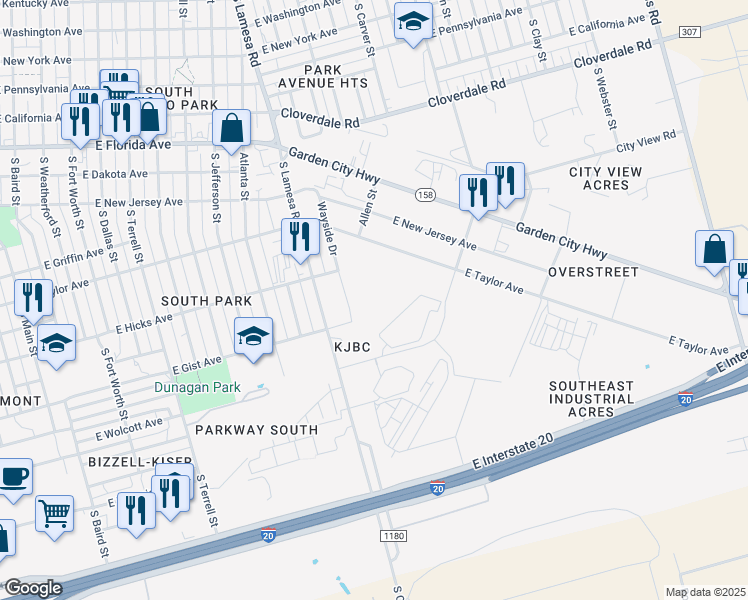 map of restaurants, bars, coffee shops, grocery stores, and more near 1509 Wayside Drive in Midland