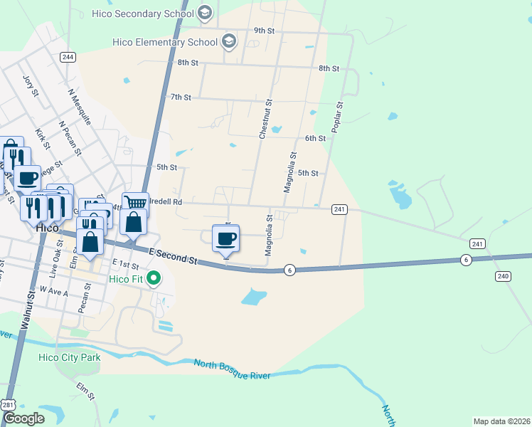 map of restaurants, bars, coffee shops, grocery stores, and more near 301 Magnolia Street in Hico