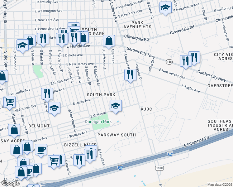 map of restaurants, bars, coffee shops, grocery stores, and more near 1709 South Jefferson Street in Midland