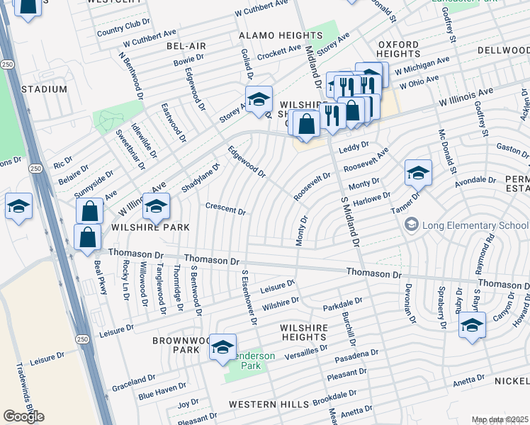 map of restaurants, bars, coffee shops, grocery stores, and more near 4516 Leddy Drive in Midland