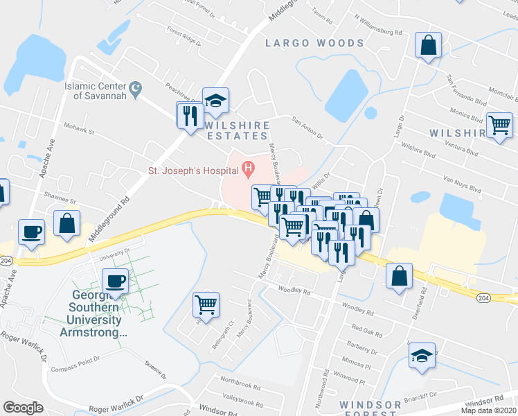 map of restaurants, bars, coffee shops, grocery stores, and more near 11800 Abercorn St in Savannah
