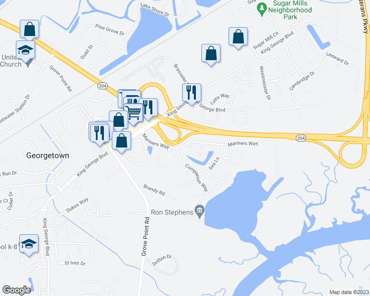map of restaurants, bars, coffee shops, grocery stores, and more near 11 Mast Way in Savannah