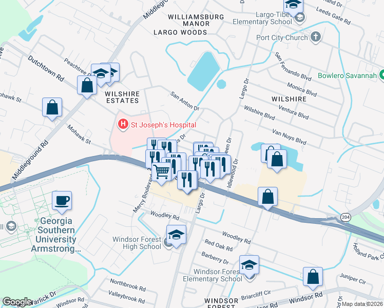 map of restaurants, bars, coffee shops, grocery stores, and more near 9 Belvedere Drive in Savannah