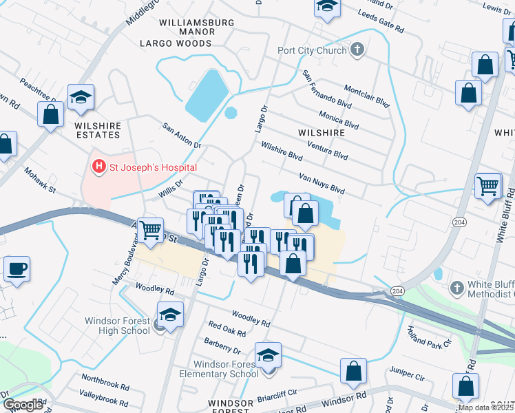 map of restaurants, bars, coffee shops, grocery stores, and more near 11930 Idlewood Drive in Savannah