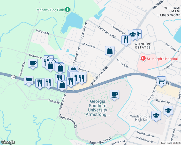 map of restaurants, bars, coffee shops, grocery stores, and more near 11132 Abercorn Street in Savannah