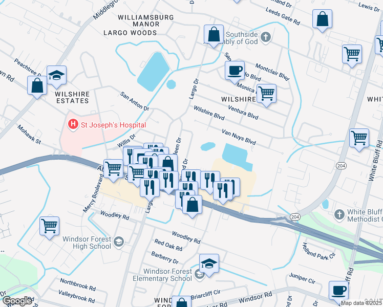 map of restaurants, bars, coffee shops, grocery stores, and more near 11930 Idlewood Drive in Savannah