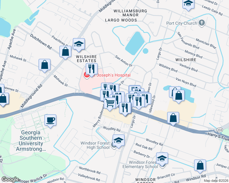 map of restaurants, bars, coffee shops, grocery stores, and more near 15 Knollwood Circle in Savannah