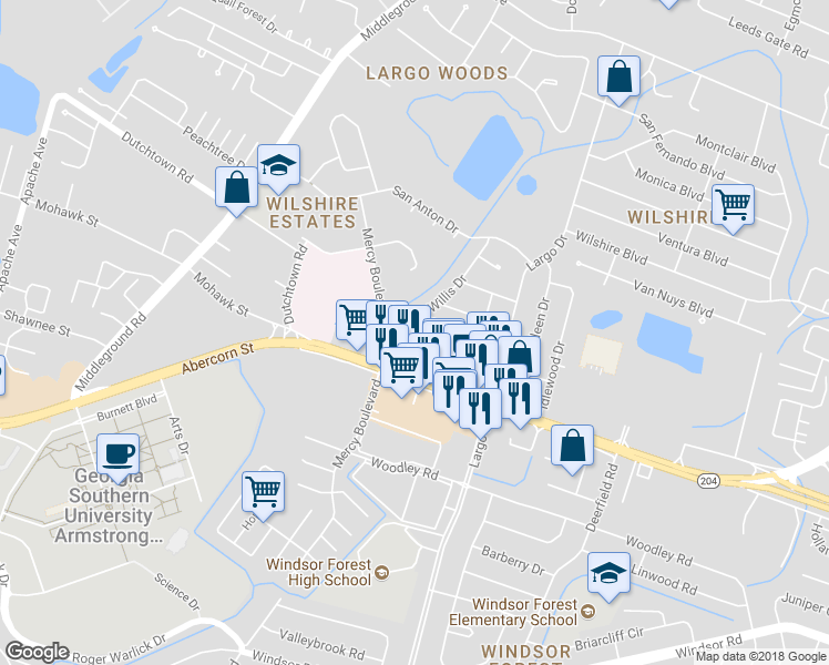 map of restaurants, bars, coffee shops, grocery stores, and more near 75 Knollwood Lane in Savannah