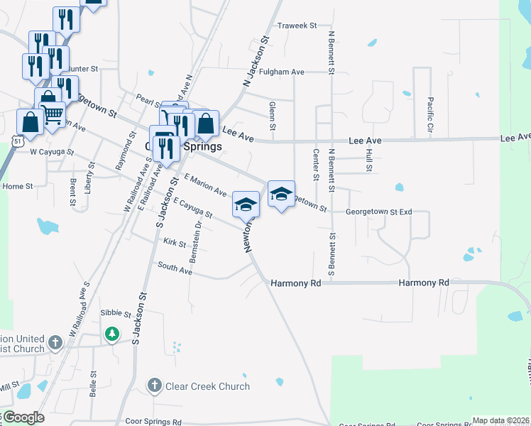 map of restaurants, bars, coffee shops, grocery stores, and more near 201 Newton Street in Crystal Springs