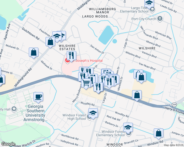 map of restaurants, bars, coffee shops, grocery stores, and more near 75 Knollwood Lane in Savannah