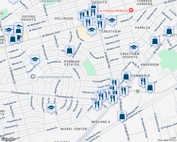 map of restaurants, bars, coffee shops, grocery stores, and more near 598 Holly Drive in Midland