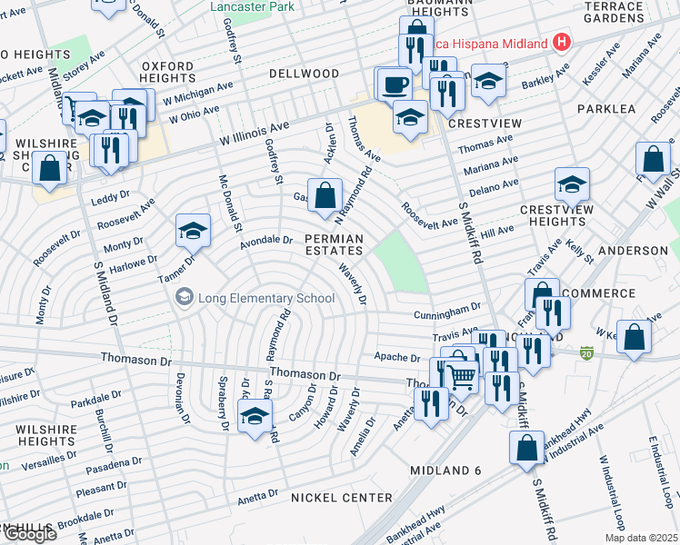 map of restaurants, bars, coffee shops, grocery stores, and more near 203 Waverly Drive in Midland