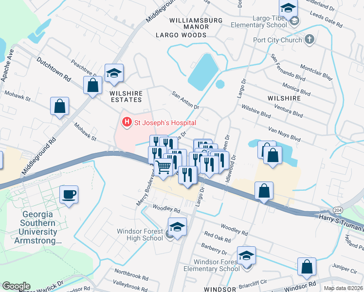 map of restaurants, bars, coffee shops, grocery stores, and more near 9 Belvedere Drive in Savannah