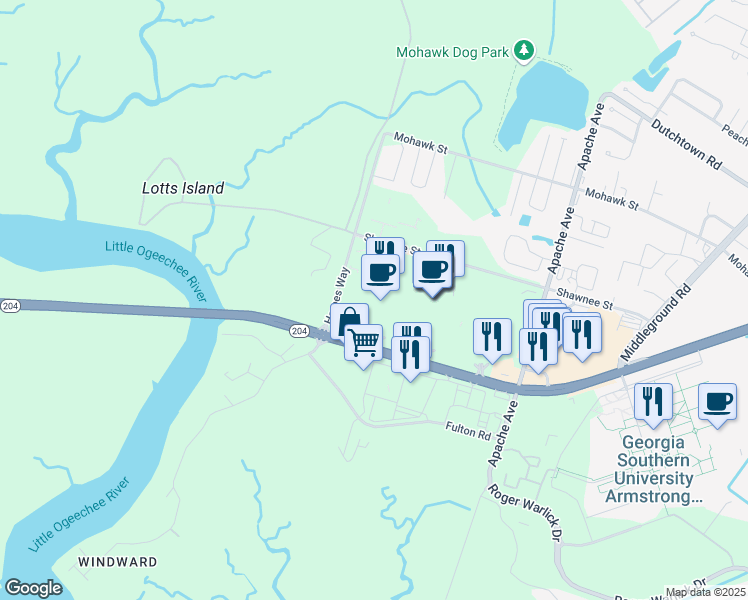 map of restaurants, bars, coffee shops, grocery stores, and more near 14065 Abercorn Street in Savannah
